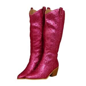 NEW Womens Pink Rhinestone Knee High Cowboy Western Boots Pointed Toe Size 8.5